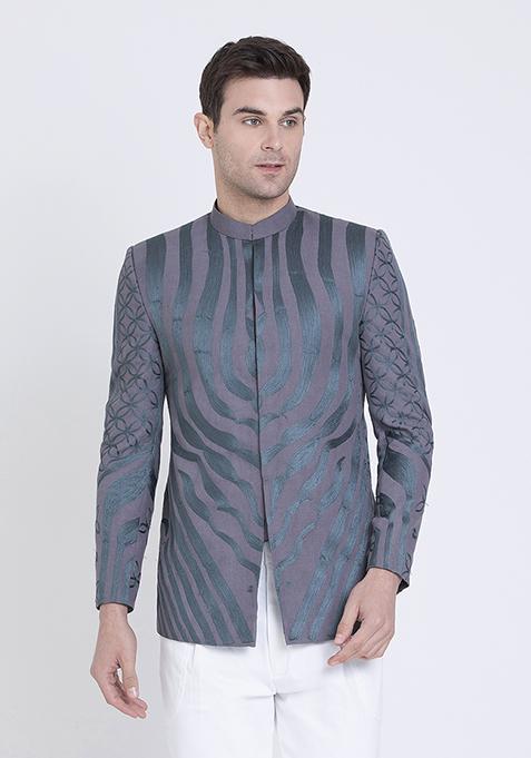 Dark Grey Embroidered Linen Bandhgala For Men