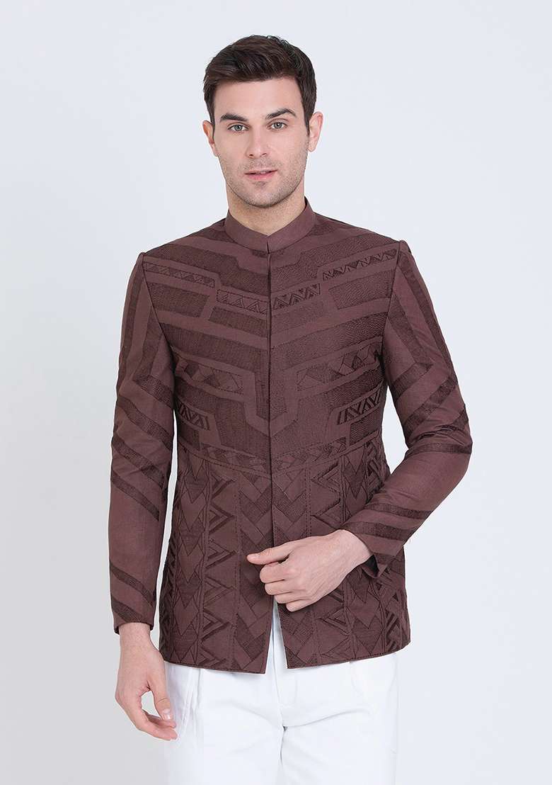 Brown Embroidered Linen Bandhgala For Men - Indya