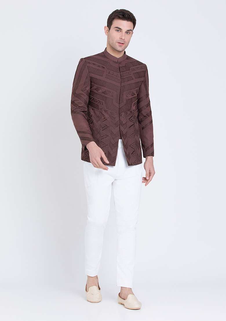 Brown Embroidered Linen Bandhgala For Men - Indya
