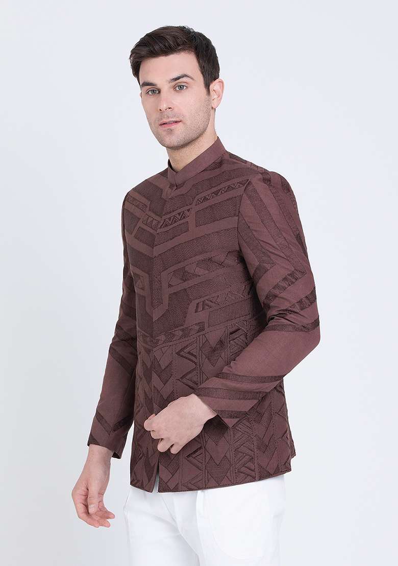 Brown Embroidered Linen Bandhgala For Men - Indya