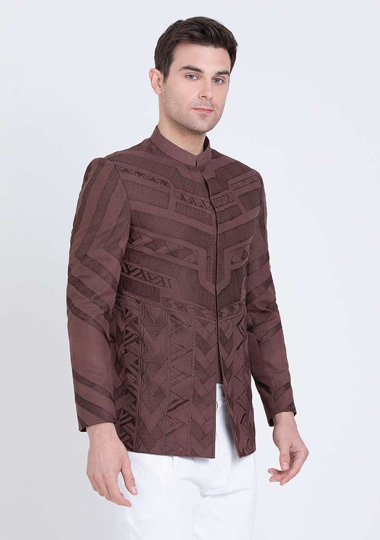 Brown Embroidered Linen Bandhgala For Men - Indya