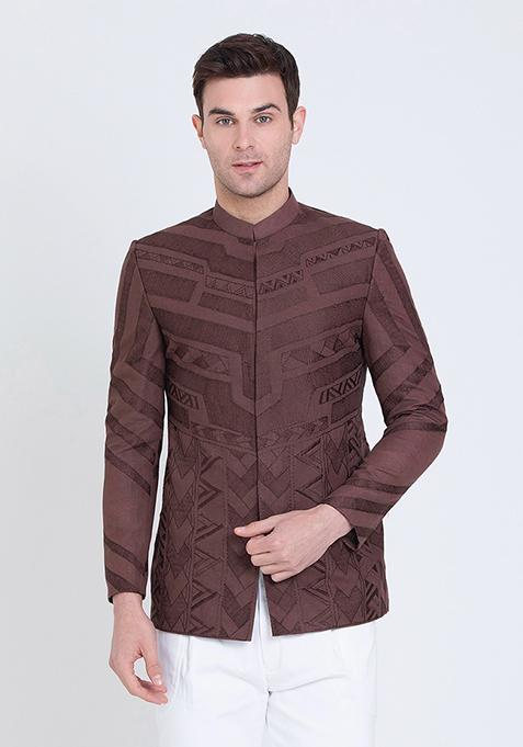 Brown Embroidered Linen Bandhgala For Men