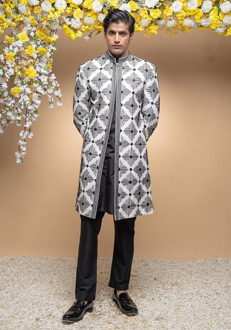 Ivory And Black Embroidered Cotton Sherwani Set For Men