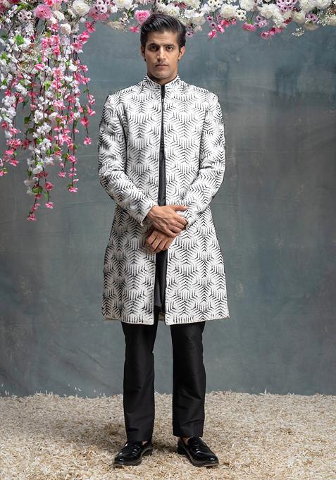 Ivory And Black Embroidered Cotton Silk Sherwani Set For Men