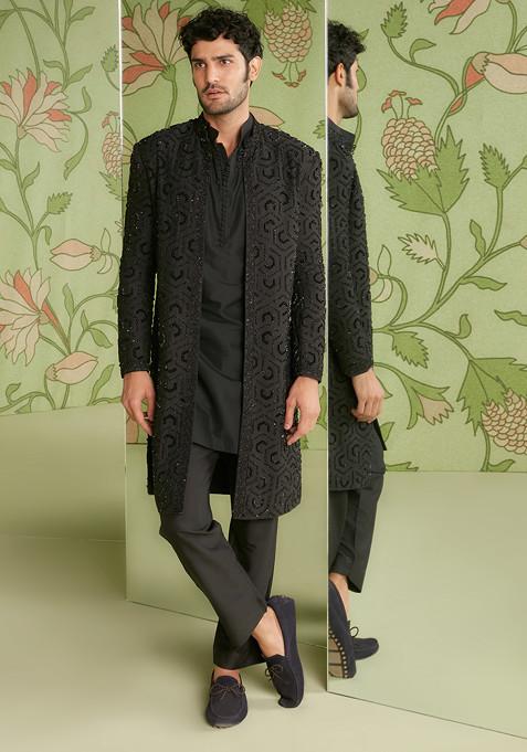 Black Embroidered Cotton Sherwani Set For Men