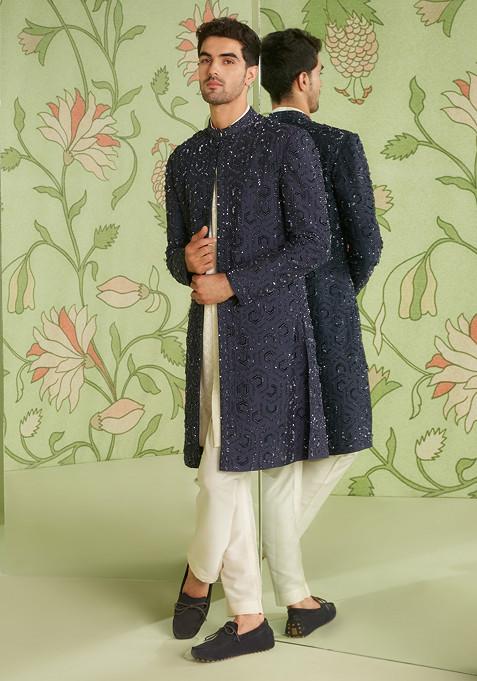 Navy Blue Embroidered Cotton Silk Sherwani Set For Men