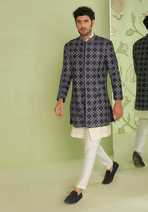 Navy Blue Embroidered Cotton Sherwani Set For Men