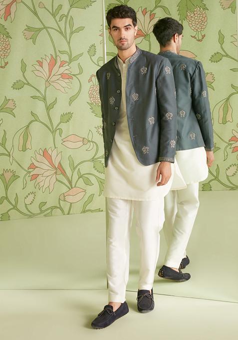 Grey Embroidered Cotton Silk Bandhgala Set For Men