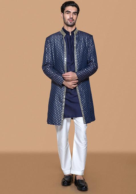 Blue Embroidered Chanderi Sherwani Set For Men