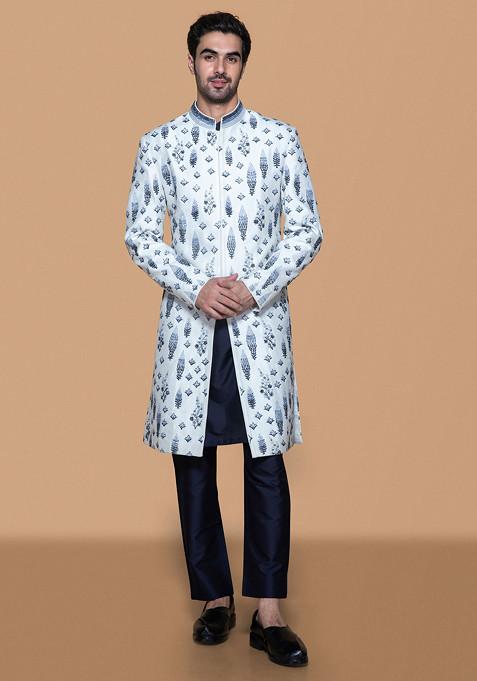 Ivory And Navy Blue Embroidered Sherwani Set For Men