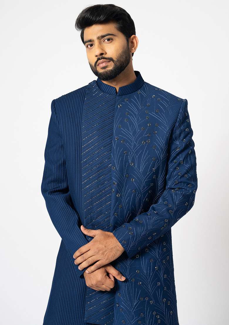 Navy Blue Embroidered Achkan Set For Men - Indya