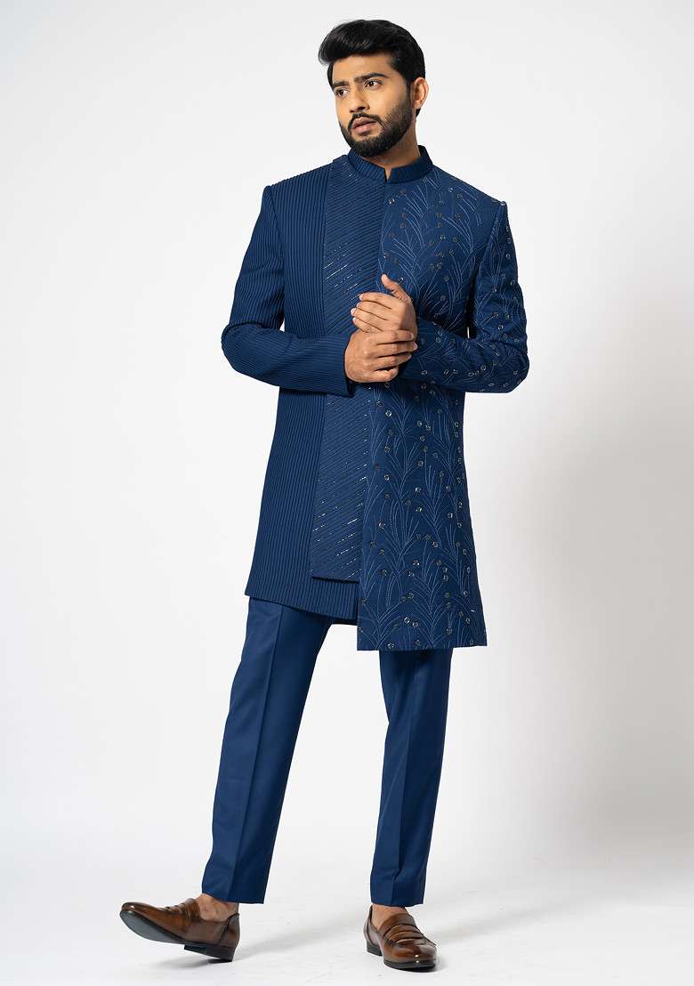 Navy Blue Embroidered Achkan Set For Men - Indya