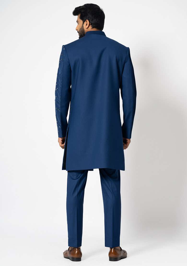Navy Blue Embroidered Achkan Set For Men - Indya