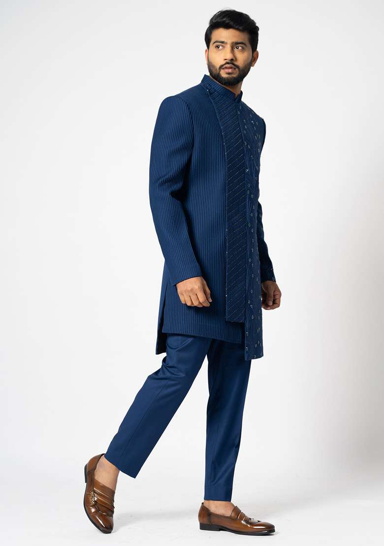 Navy Blue Embroidered Achkan Set For Men - Indya