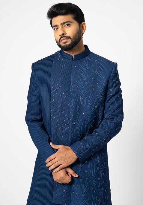 Navy Blue Embroidered Achkan Set For Men