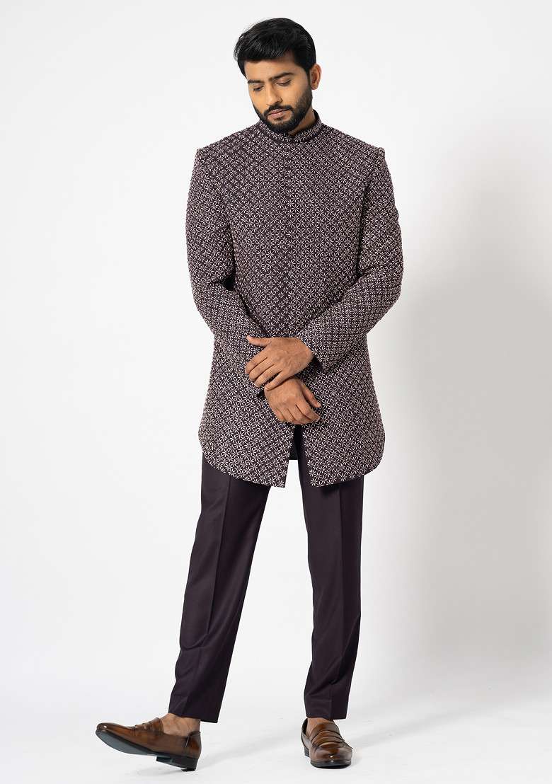 Wine Embroidered Suiting Fabric Achkan Set For Men - Indya