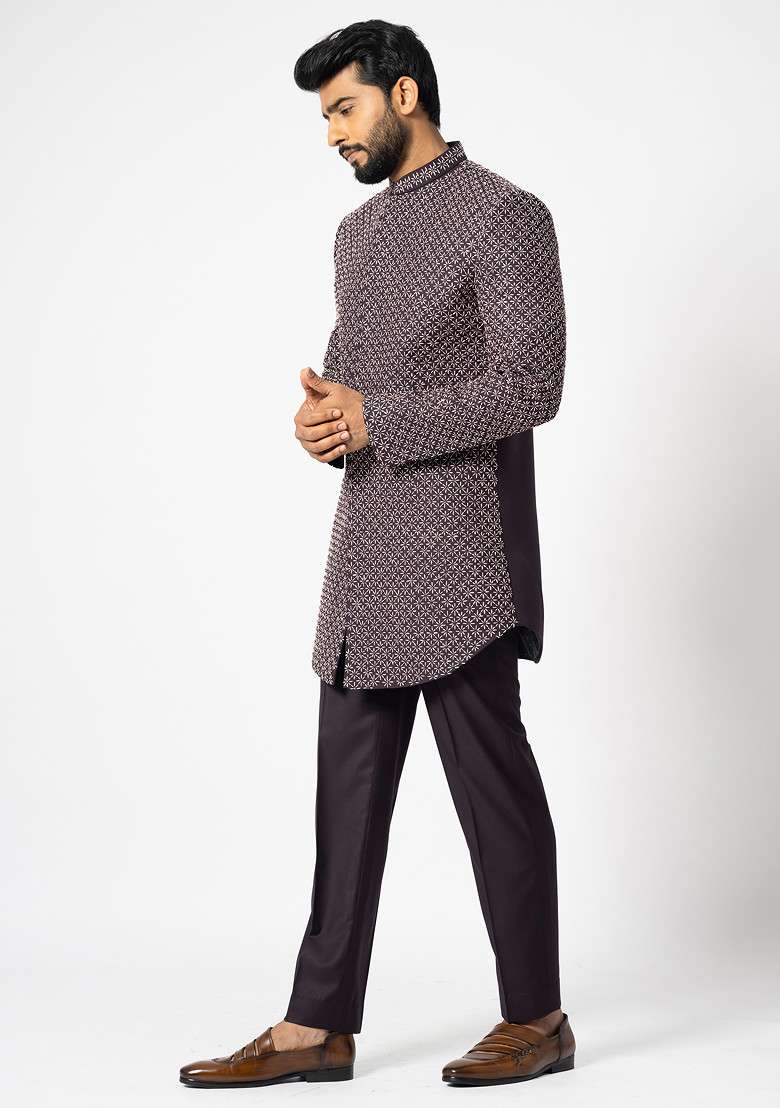 Wine Embroidered Suiting Fabric Achkan Set For Men - Indya