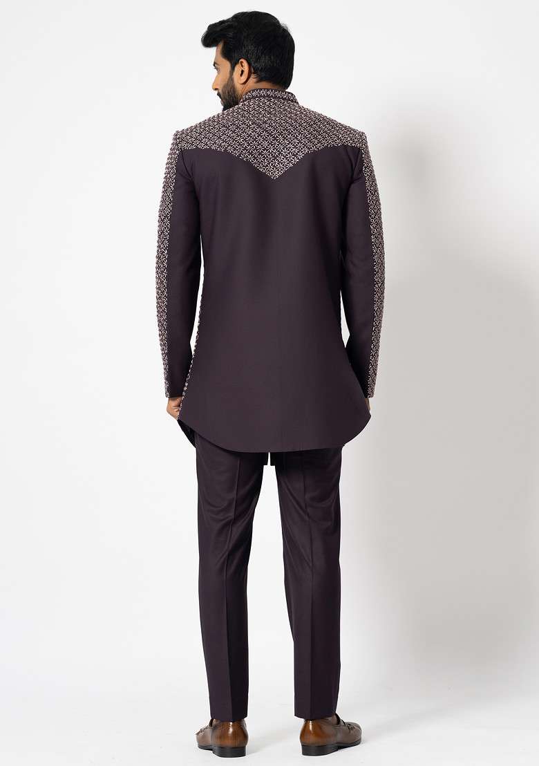 Wine Embroidered Suiting Fabric Achkan Set For Men - Indya