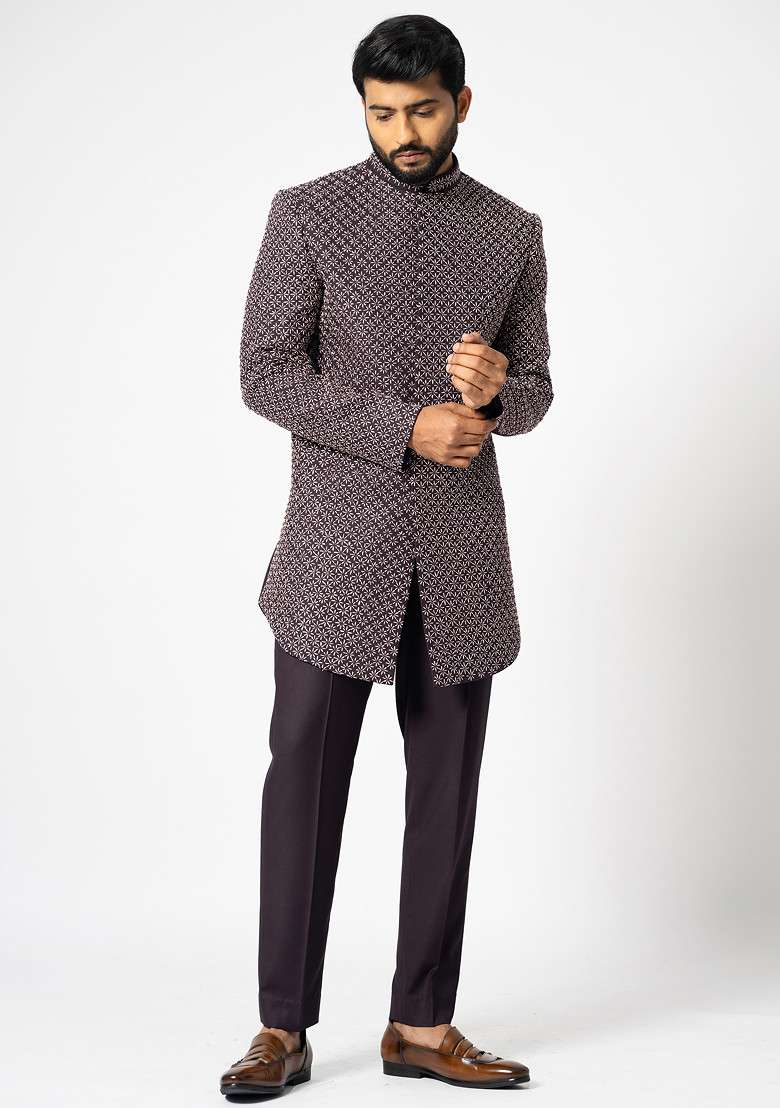 Wine Embroidered Suiting Fabric Achkan Set For Men - Indya