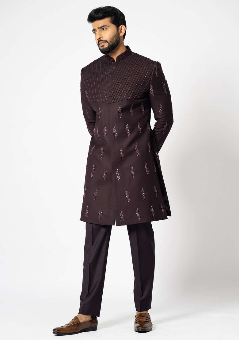 Dark Brown Embroidered Suiting Fabric Achkan Set For Men - Indya