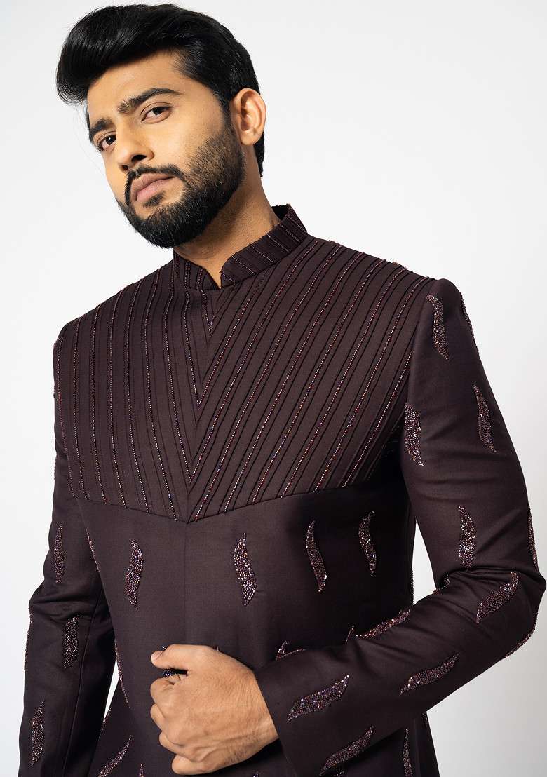 Dark Brown Embroidered Suiting Fabric Achkan Set For Men - Indya