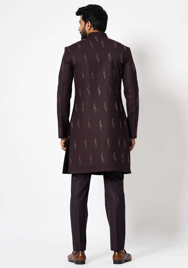 Dark Brown Embroidered Suiting Fabric Achkan Set For Men - Indya