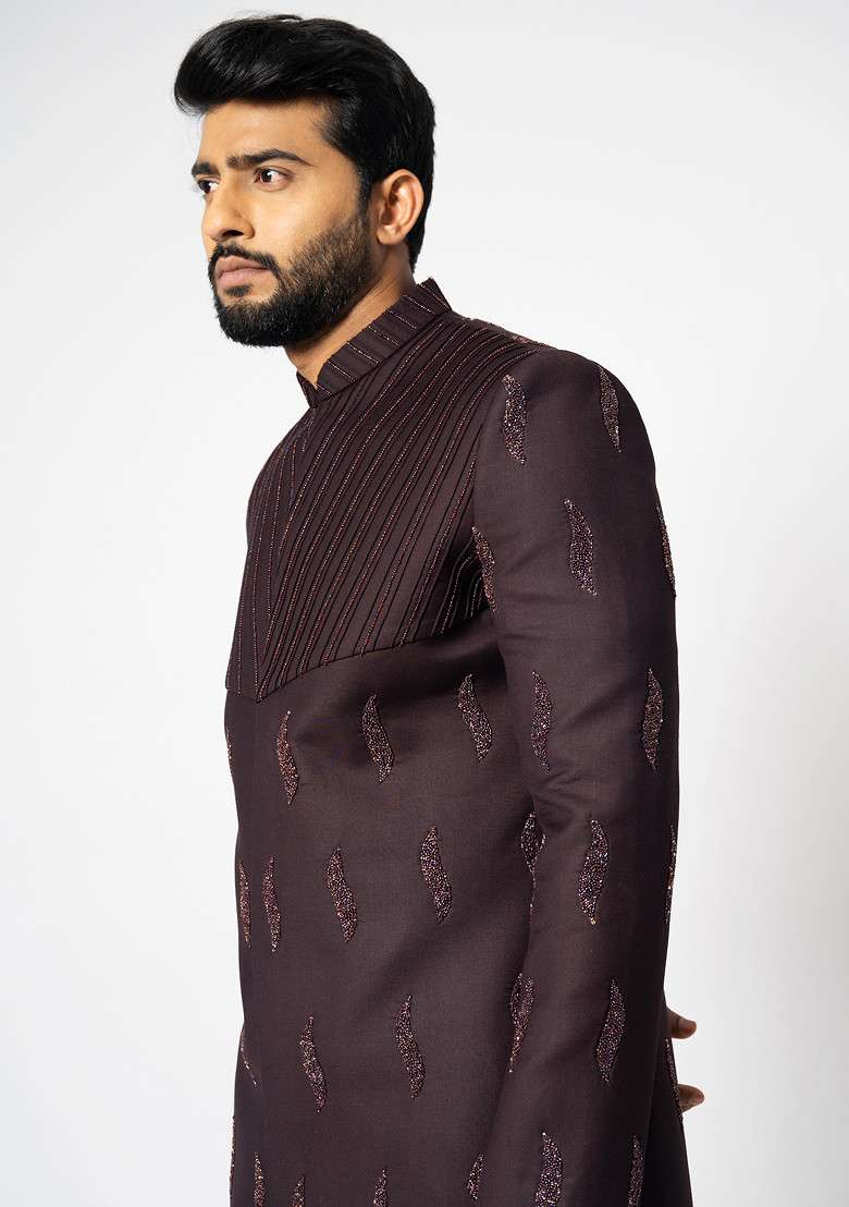 Dark Brown Embroidered Suiting Fabric Achkan Set For Men - Indya