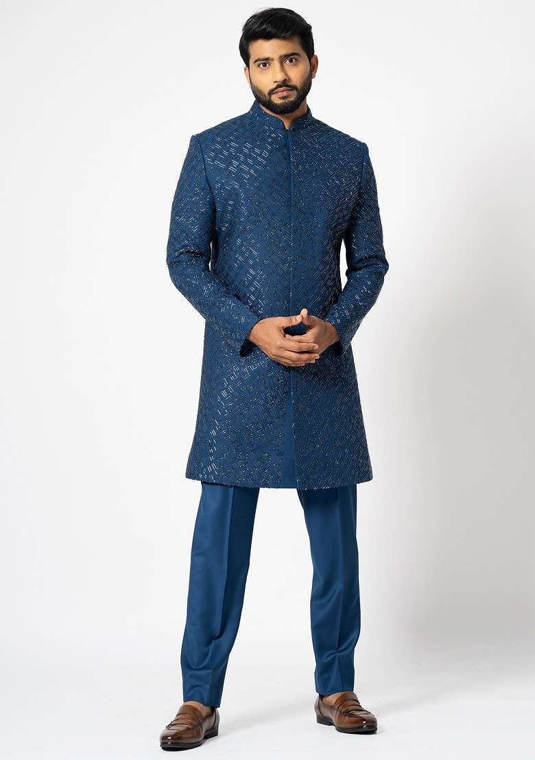 Blue Embroidered Achkan Set For Men - Indya