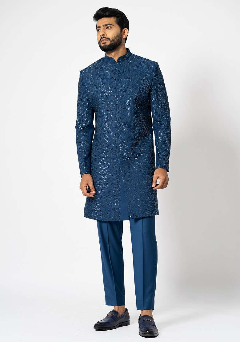 Blue Embroidered Achkan Set For Men - Indya