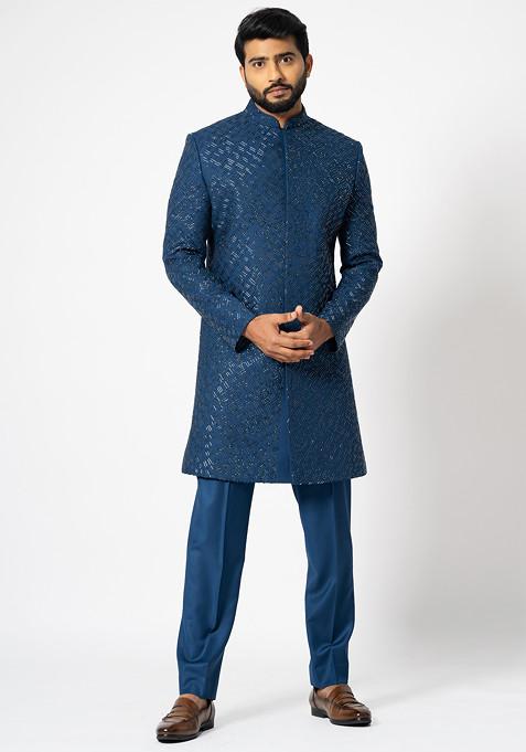 Blue Embroidered Achkan Set For Men