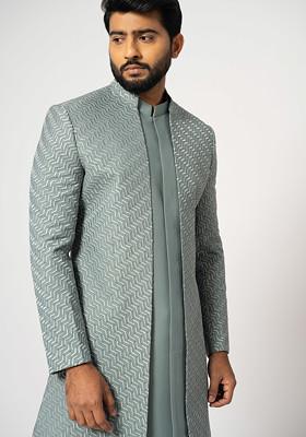 Ice Grey Embroidered Suiting Fabric Achkan Set For Men