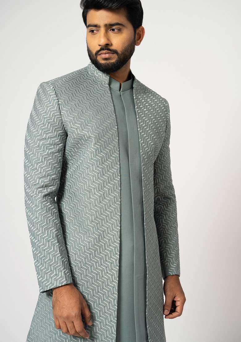 Ice Grey Embroidered Suiting Fabric Achkan Set For Men - Indya