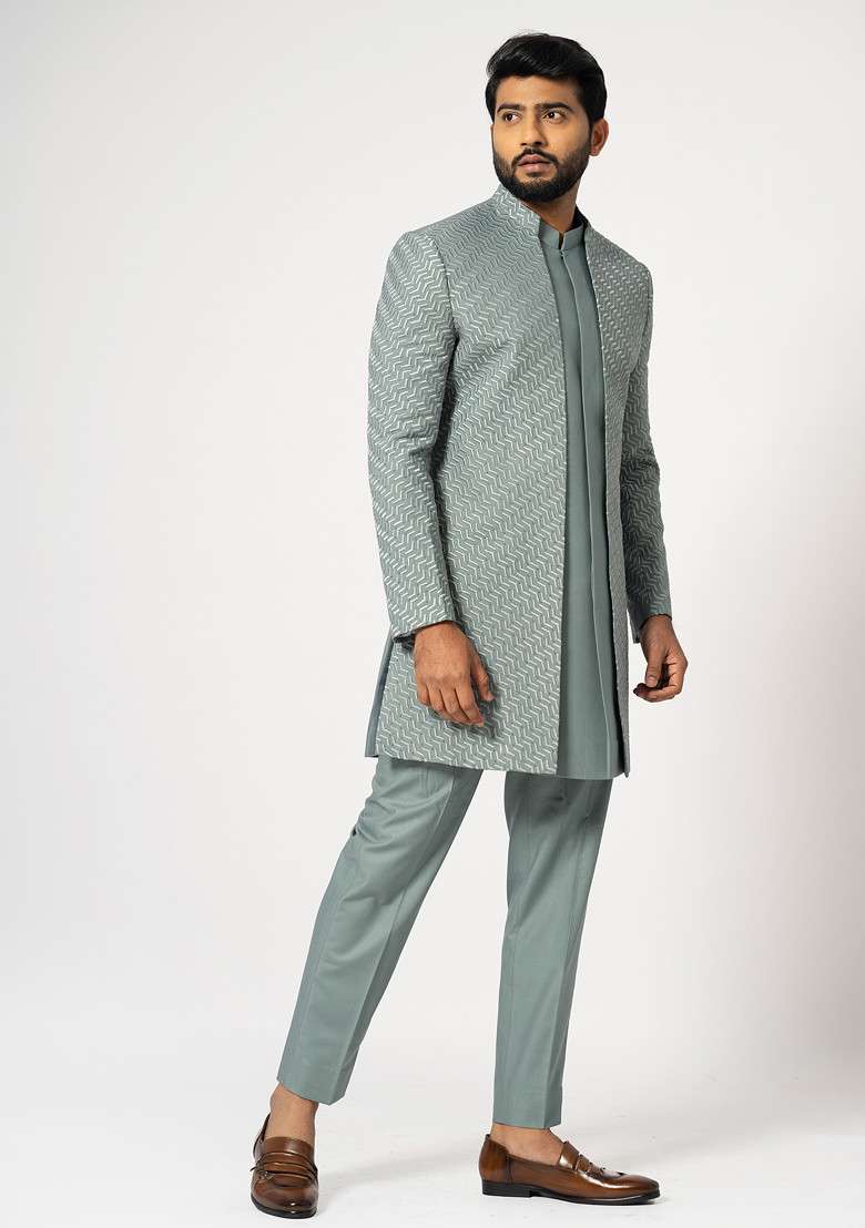 Ice Grey Embroidered Suiting Fabric Achkan Set For Men - Indya
