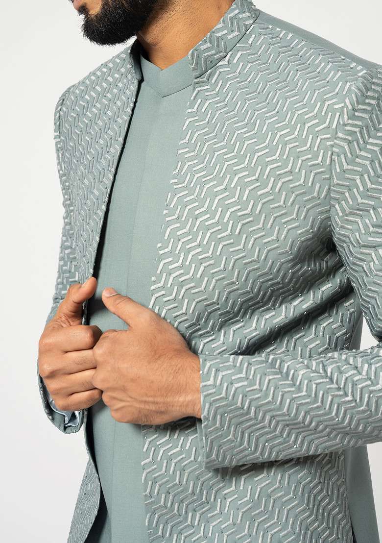 Ice Grey Embroidered Suiting Fabric Achkan Set For Men - Indya