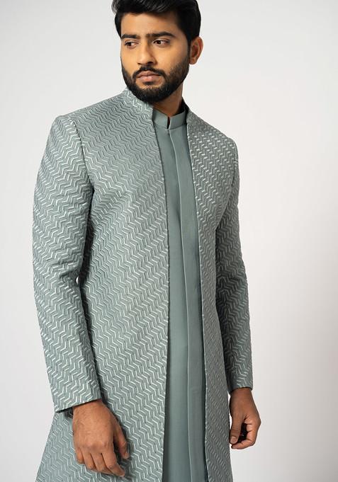 Ice Grey Embroidered Suiting Fabric Achkan Set For Men