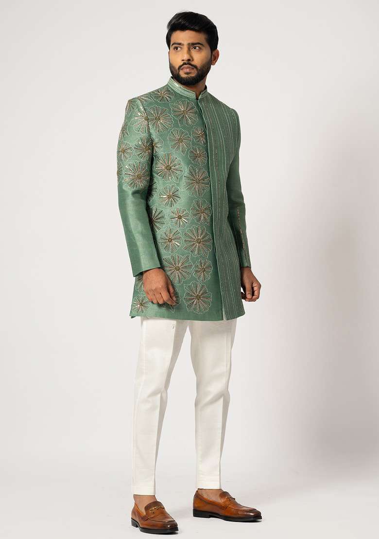 Green Embroidered Bam Silk Blend Achkan Set For Men - Indya