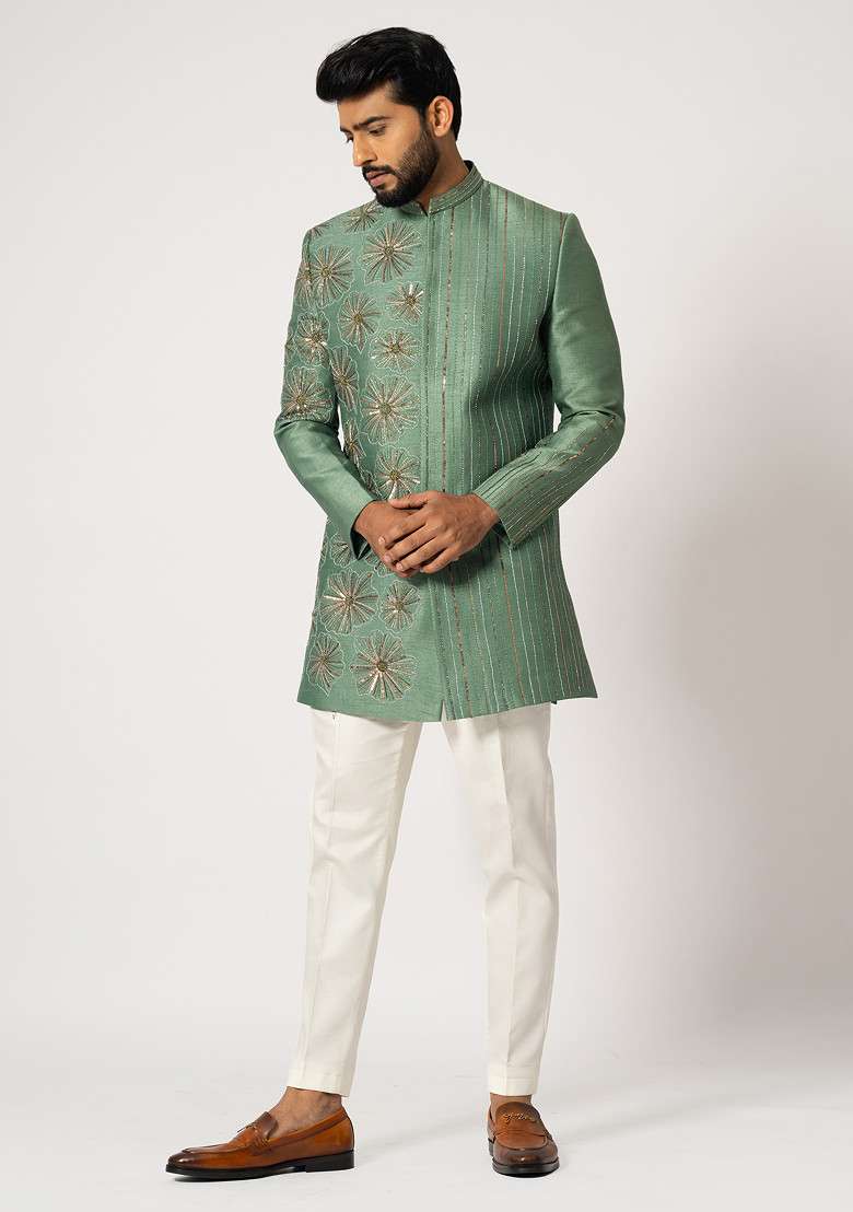 Green Embroidered Bam Silk Blend Achkan Set For Men - Indya