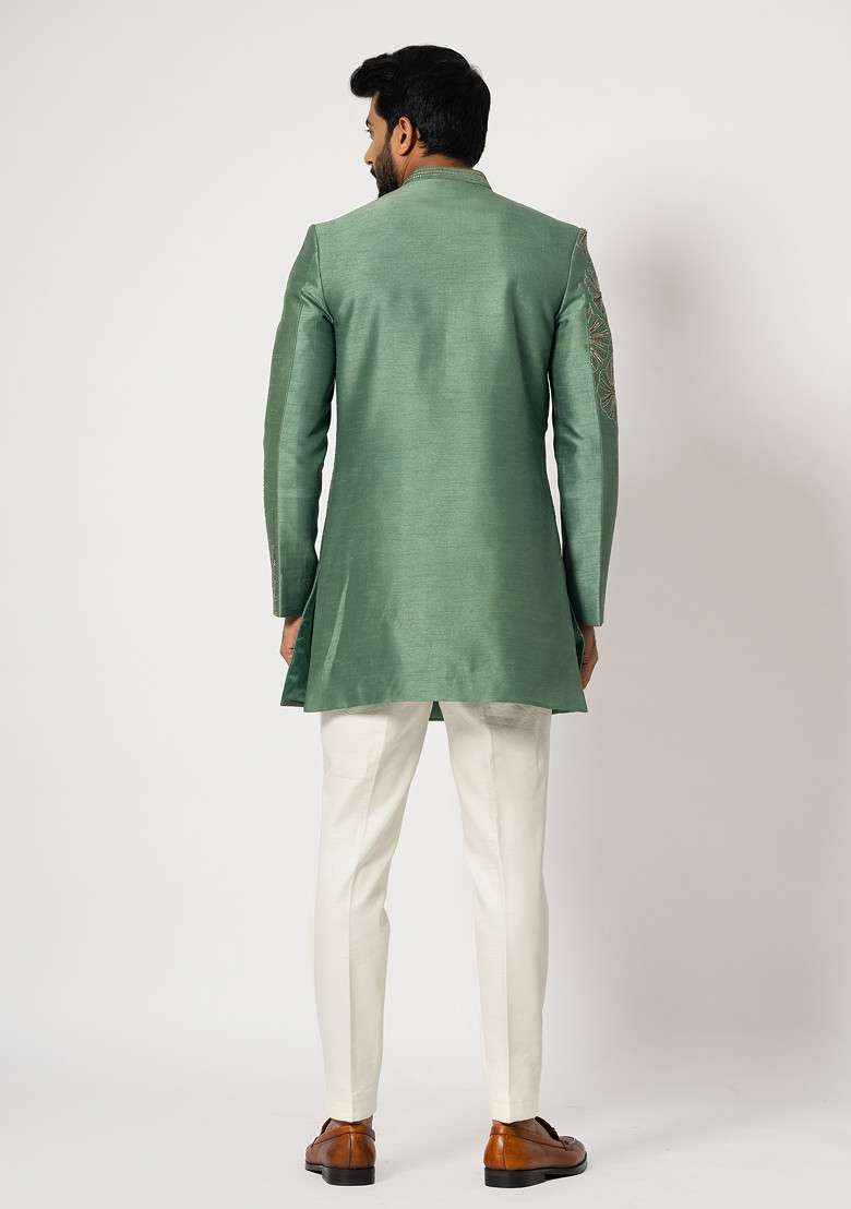 Green Embroidered Bam Silk Blend Achkan Set For Men - Indya