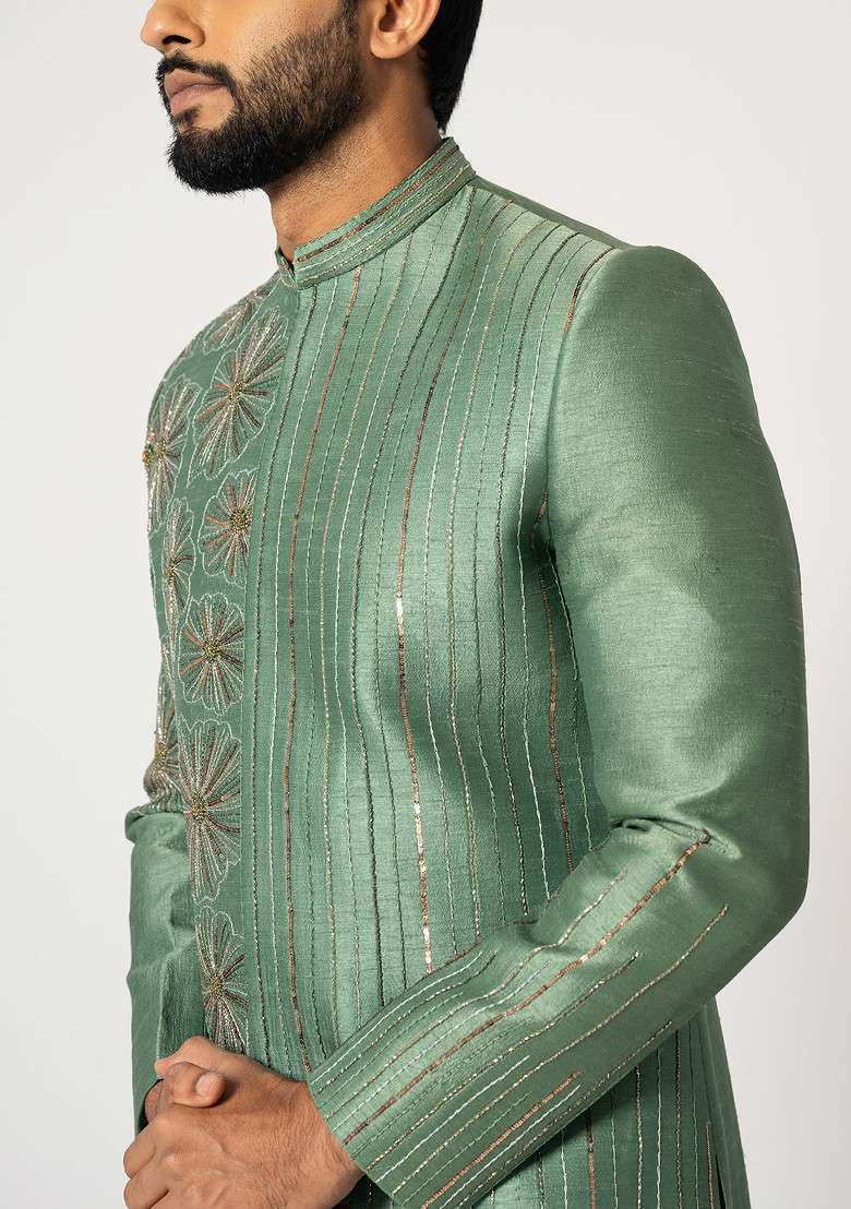 Green Embroidered Bam Silk Blend Achkan Set For Men - Indya