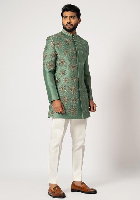 Green Embroidered Bam Silk Achkan Set For Men