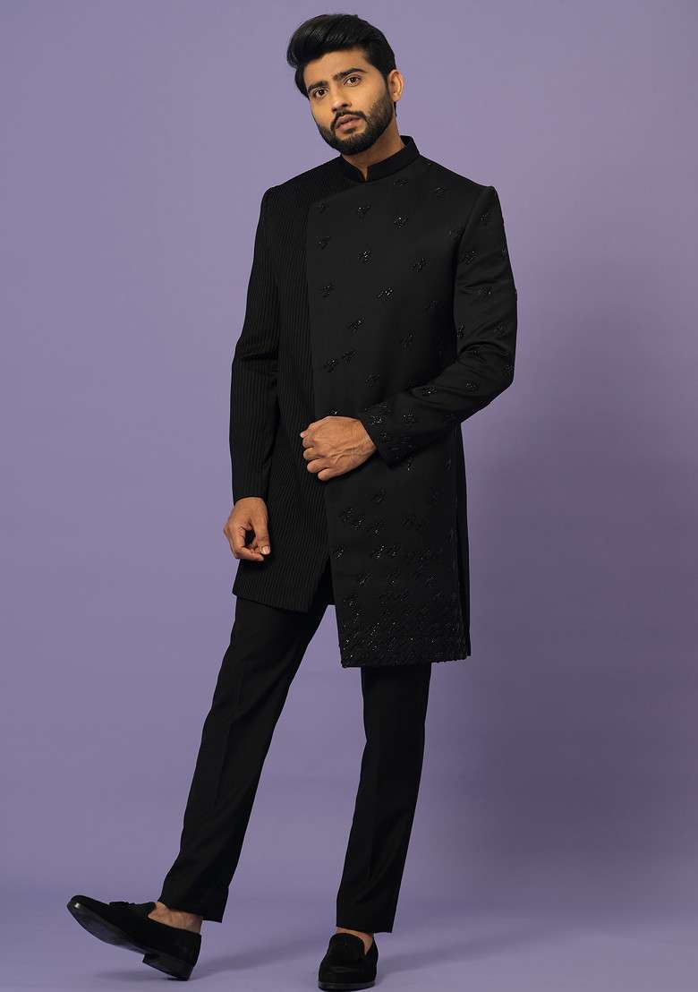 Black Embroidered Achkan Set For Men - Indya