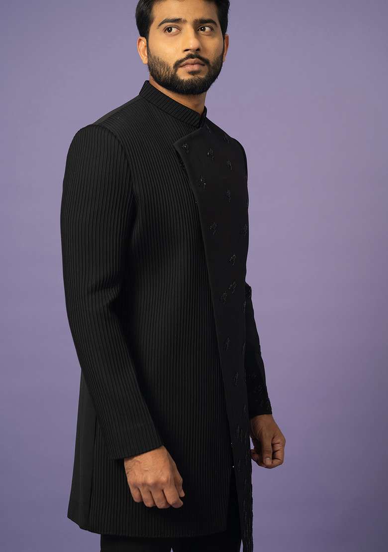 Black Embroidered Achkan Set For Men - Indya