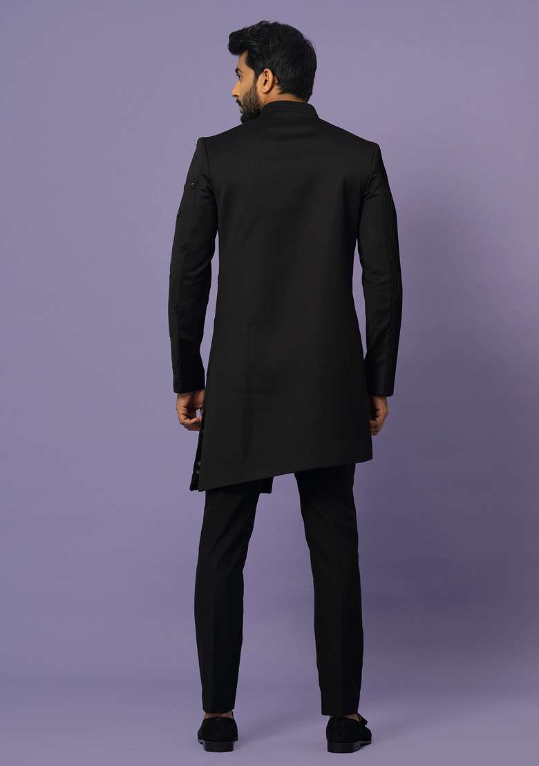 Black Embroidered Achkan Set For Men - Indya