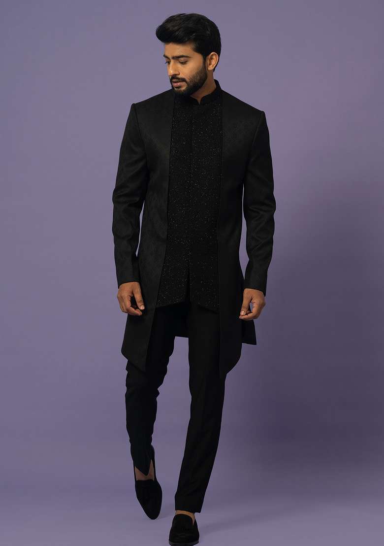Black Embroidered Suiting Achkan Set For Men - Indya