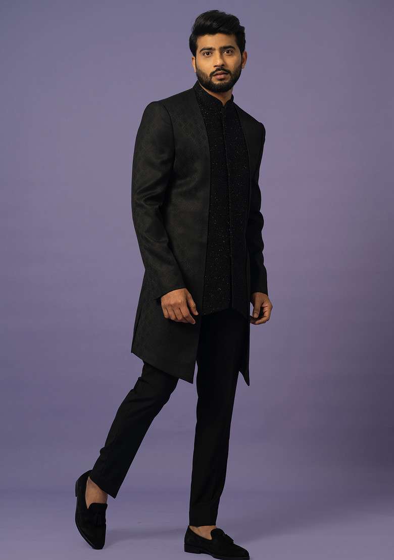 Black Embroidered Suiting Achkan Set For Men - Indya