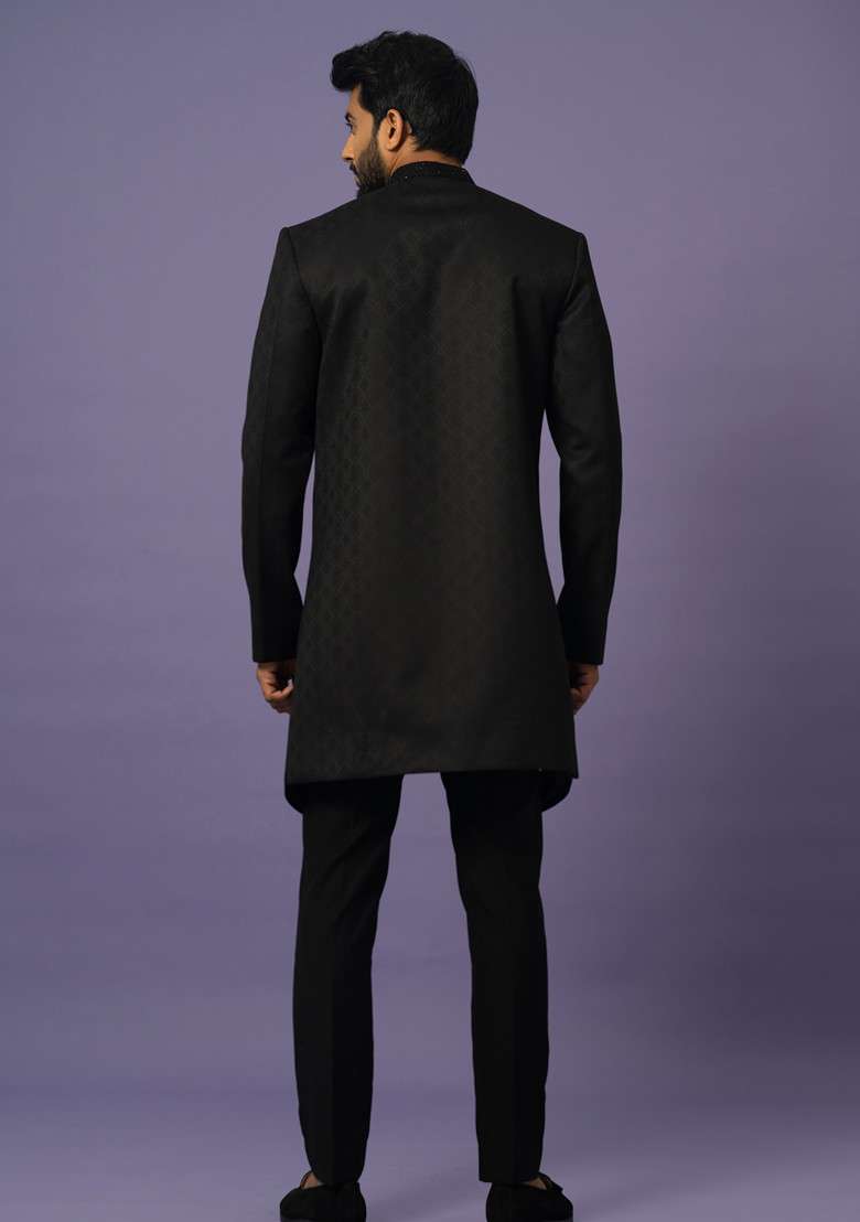 Black Embroidered Suiting Achkan Set For Men - Indya