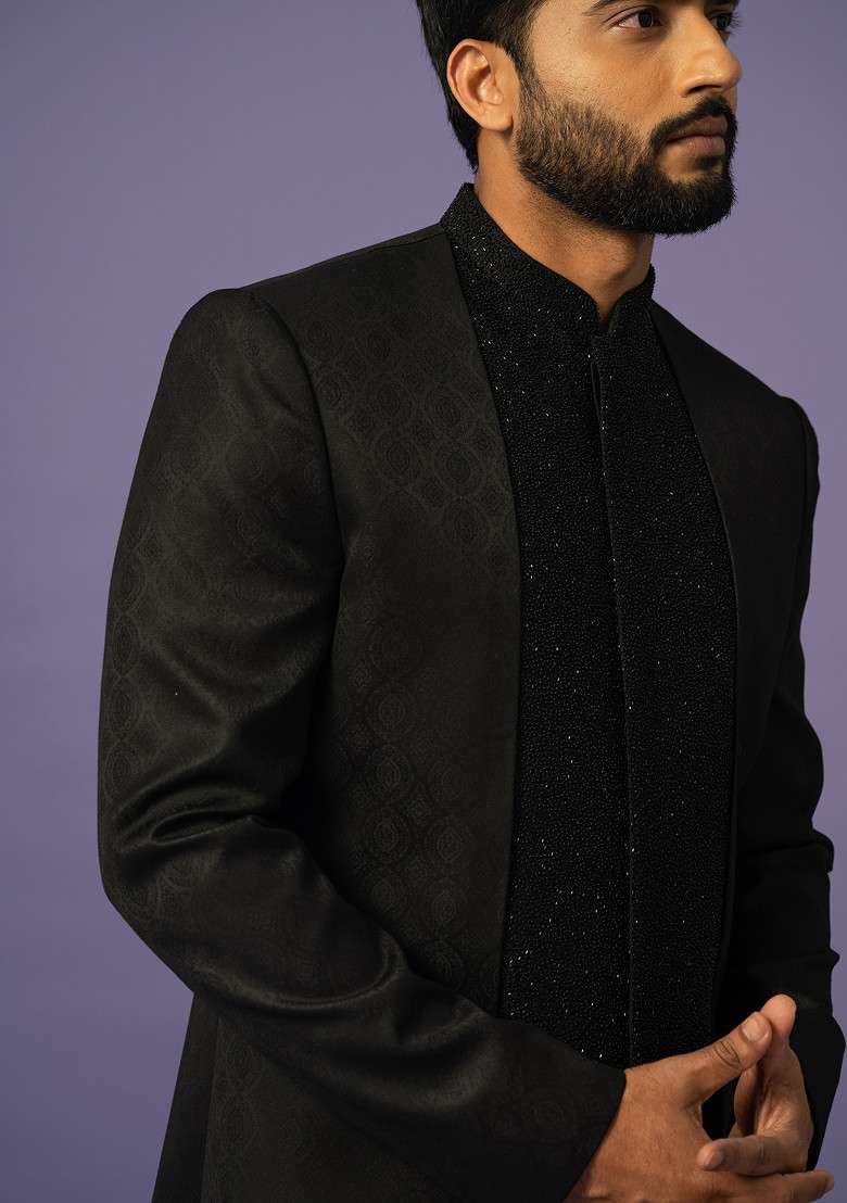 Black Embroidered Suiting Achkan Set For Men - Indya