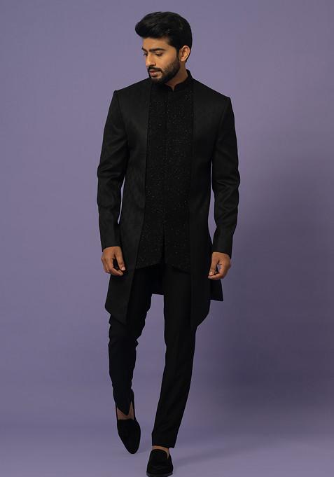 Black Embroidered Suiting Achkan Set For Men