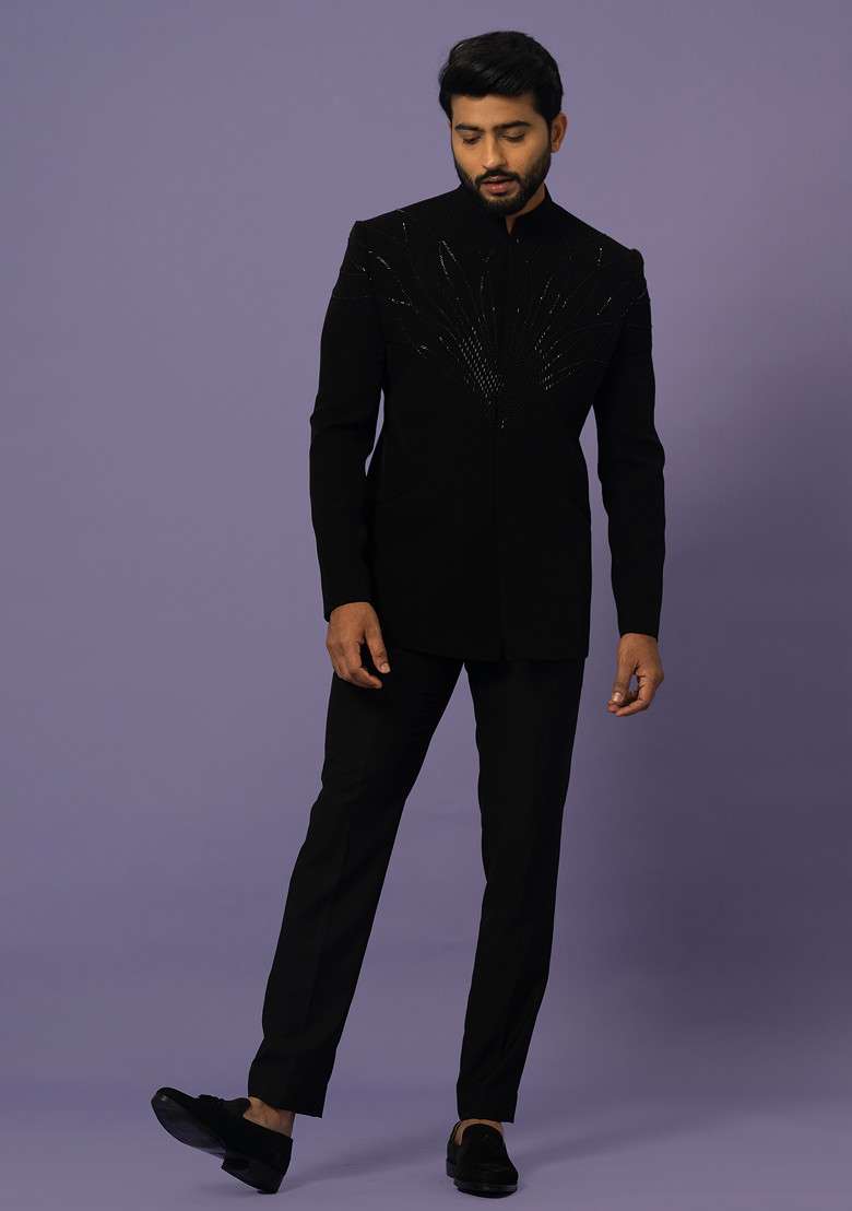 Black Embroidered Suiting Fabric Bandhgala Set For Men - Indya