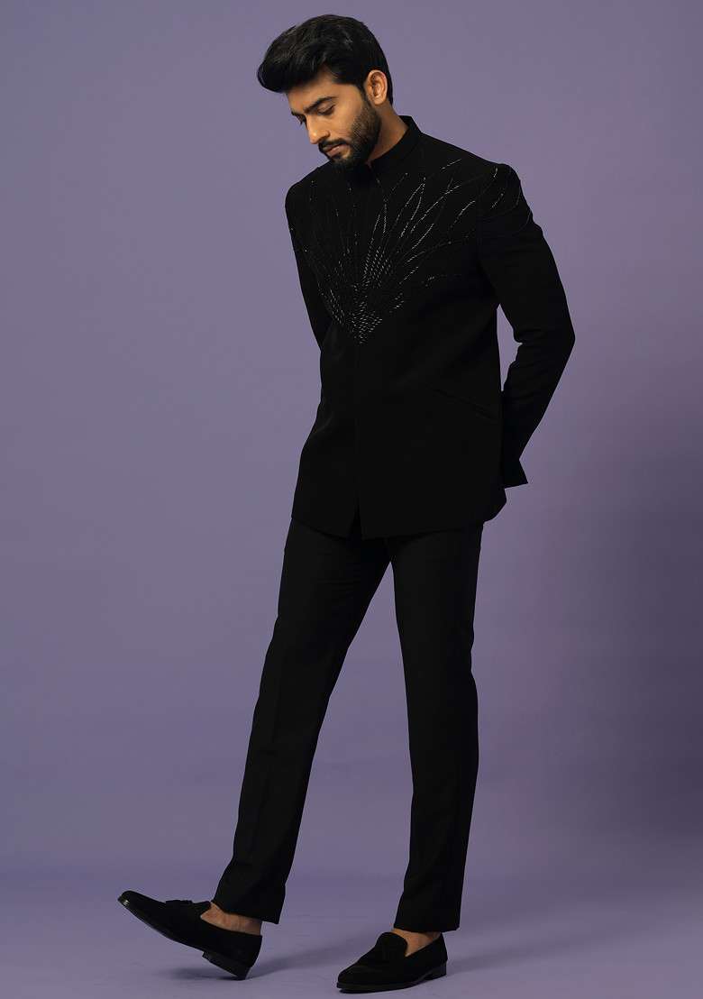 Black Embroidered Suiting Fabric Bandhgala Set For Men - Indya